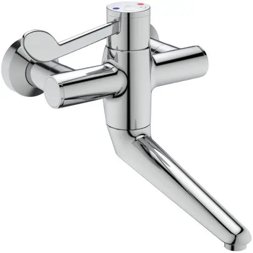 Wandthermostat mit abgerundetem Design und einem Hebel, gefertigt von Ideal Standard. Der Wasserhahn hat chromierte Oberflächen und zwei Anschlüsse.
